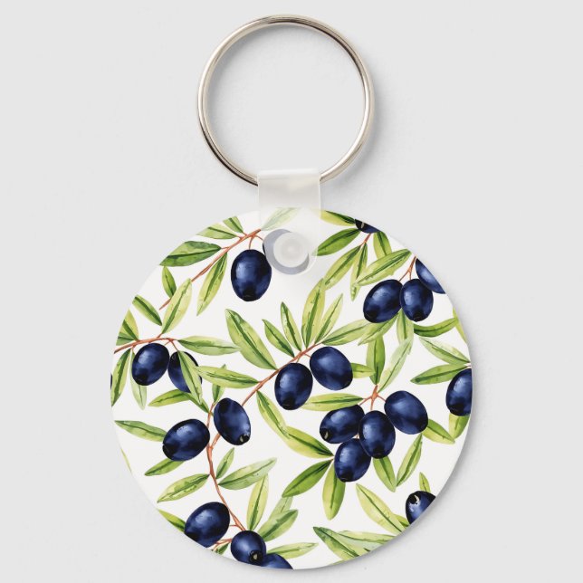 Elegant Watercolor Black Olives Seamless Pattern  Key Ring (Front)