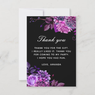 Elegant watercolor black purple floral birthday thank you card