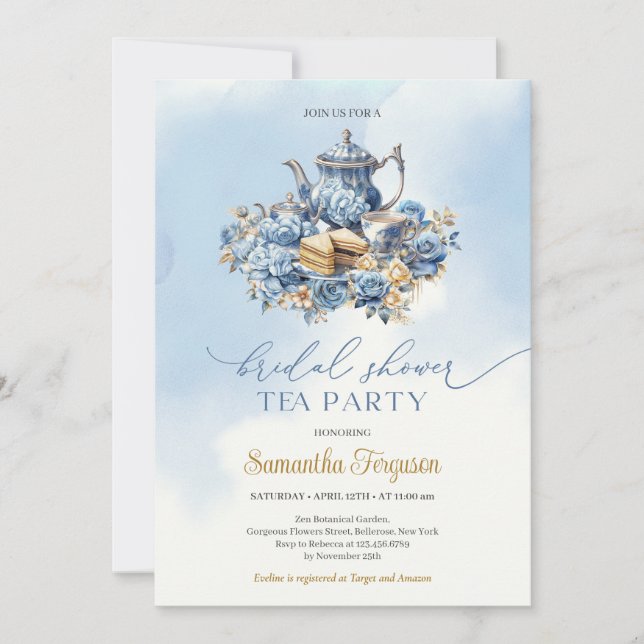 Elegant watercolor blue and gold tea party invitation (Front)