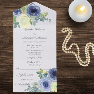 Elegant Watercolor Blue and Ivory Roses All In One Invitation