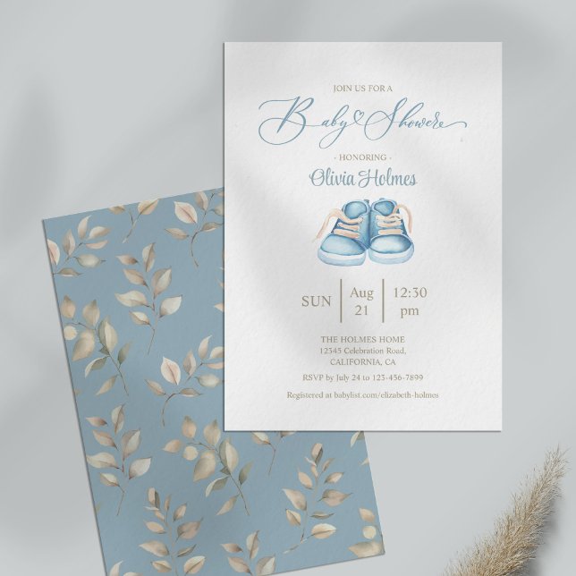 Elegant Watercolor Blue Baby Shoe Baby Shower Invitation (Elegant Watercolor Blue Baby Shoe Baby Shower Invitation on a table.)