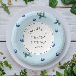 Elegant Watercolor Blue Berry First Birthday Party Paper Plate