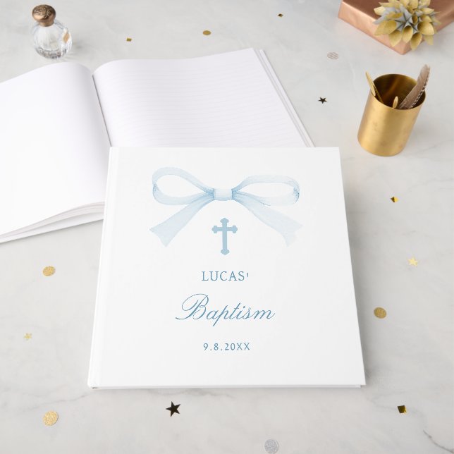 Elegant Watercolor Blue Bow Baptism Guest Book (Front Open)