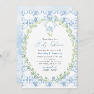 Elegant  Watercolor Blue Bow Boy Baby Shower Invitation