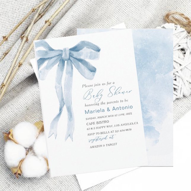 Elegant  Watercolor Blue Bow Boy Baby Shower Invitation (Creator Uploaded)