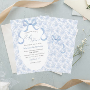 Elegant  Watercolor Blue Bow Boy Baby Shower Invitation