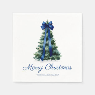 Elegant Watercolor Blue Bow Merry Christmas Tree Napkin