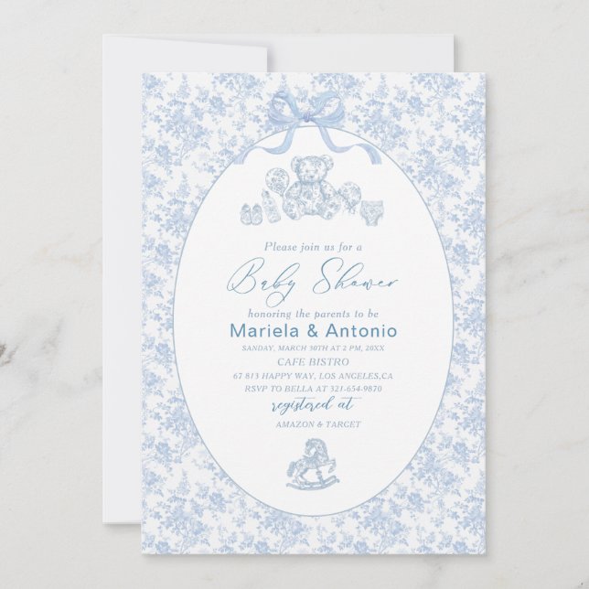 Elegant  Watercolor Blue Bow Toys Boy Baby Shower Invitation (Front)