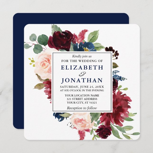 Elegant Watercolor Blue Burgundy Floral Wedding Sq Invitation (Front/Back)