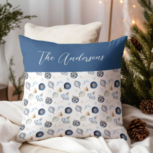 Elegant Watercolor Blue Christmas Bauble Ornament Cushion