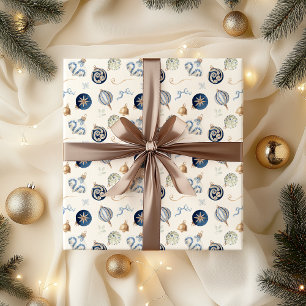 Elegant Watercolor Blue Christmas Ornament Wrapping Paper