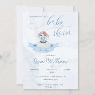 Elegant Watercolor Blue Cute Elephant Baby Shower Invitation
