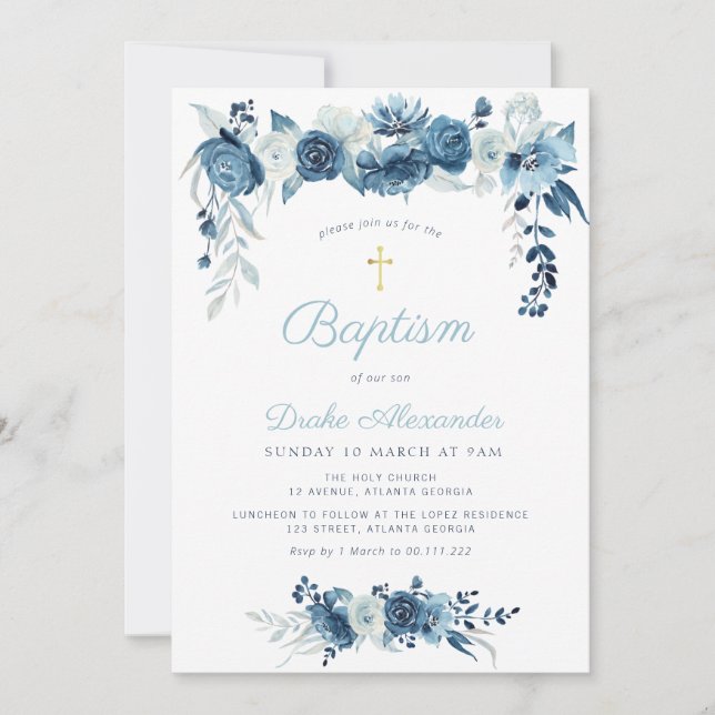 Elegant watercolor blue floral baptism invitation (Front)