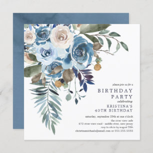 Elegant Watercolor Blue Floral Birthday Party Invi Invitation