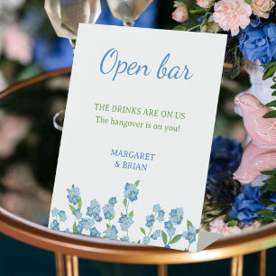 Elegant Watercolor Blue Floral Open Bar Wedding Pedestal Sign