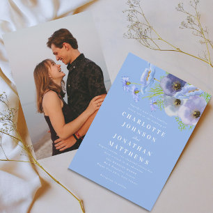 Elegant Watercolor Blue Floral Photo Wedding Invitation