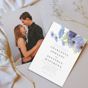 Elegant Watercolor Blue Floral Photo Wedding Invitation