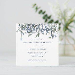 Elegant Watercolor Blue Floral Vines 90th Birthday Invitation