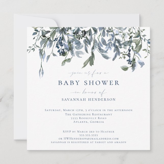 Elegant Watercolor Blue Floral Vines Baby Shower Invitation (Front)