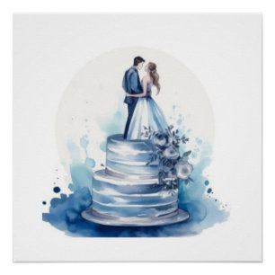 Elegant Watercolor Blue Floral Wedding Cake Poster