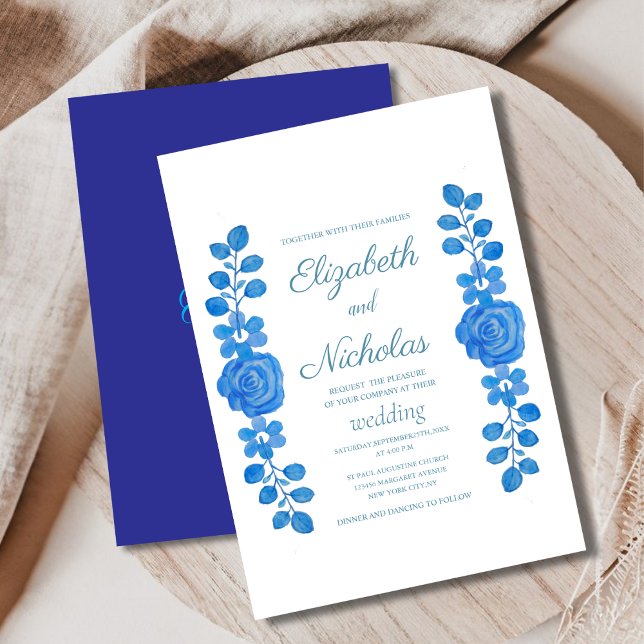 Elegant watercolor blue  floral wedding Invitation (Creator Uploaded)