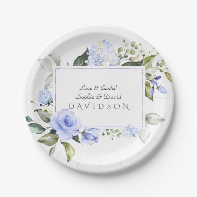 Elegant Watercolor Blue Flowers Frame Wedding Paper Plate (Front)