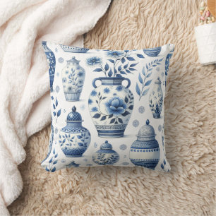 Elegant Watercolor Blue Ginger Jar Pattern Cushion