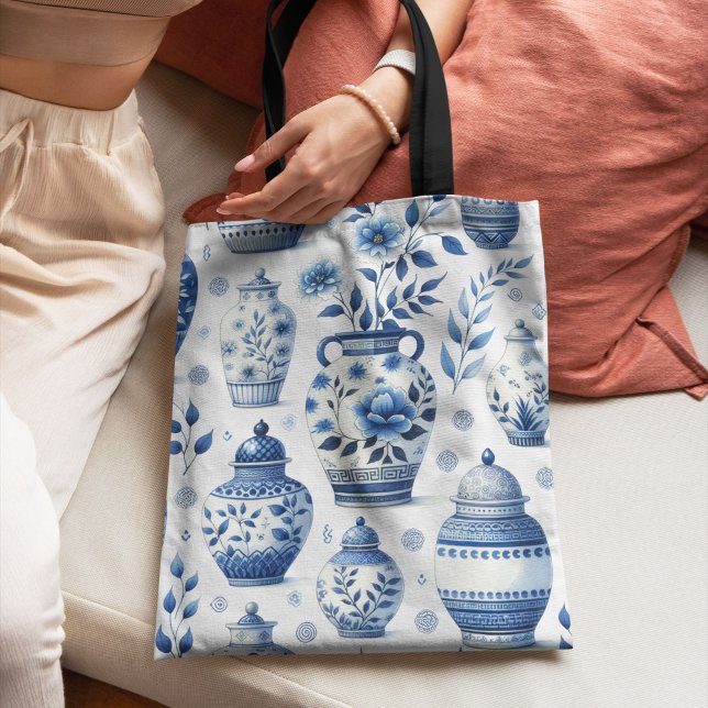 Elegant Watercolor Blue Ginger Jar Pattern Tote Bag (Creator Uploaded)