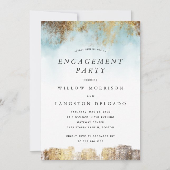 Elegant Watercolor Blue Gold Engagement Party Invitation (Front)