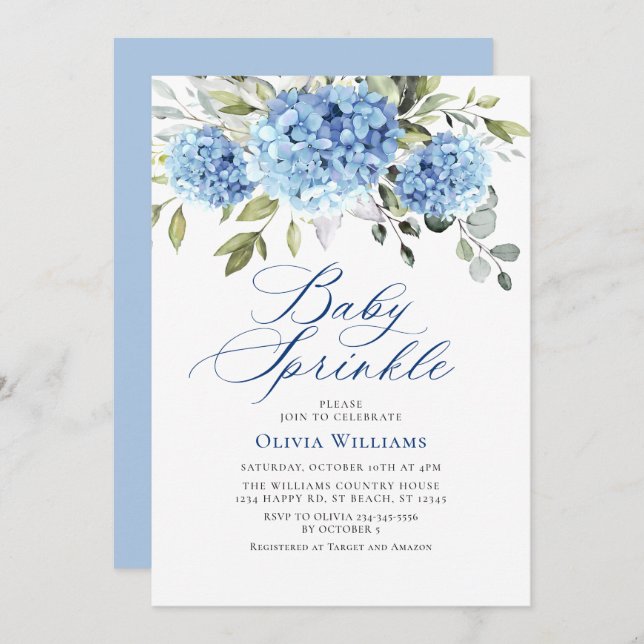 Elegant Watercolor Blue Hydrangea Baby Sprinkle Invitation (Front/Back)