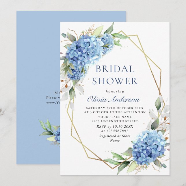 Elegant Watercolor Blue Hydrangea BRIDAL SHOWER Invitation (Front/Back)
