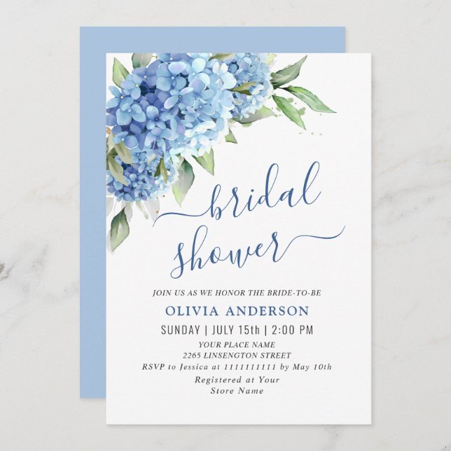 Elegant Watercolor Blue Hydrangea BRIDAL SHOWER Invitation (Front/Back)