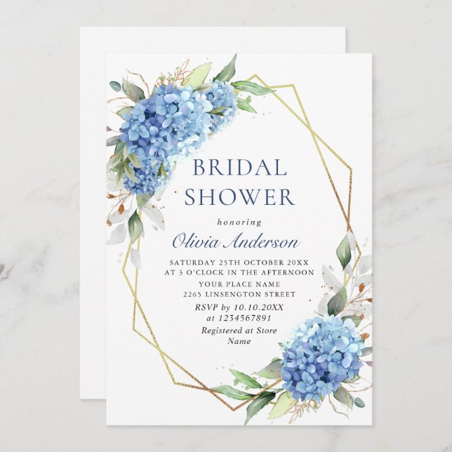 Elegant Watercolor Blue Hydrangea BRIDAL SHOWER Invitation (Front/Back)