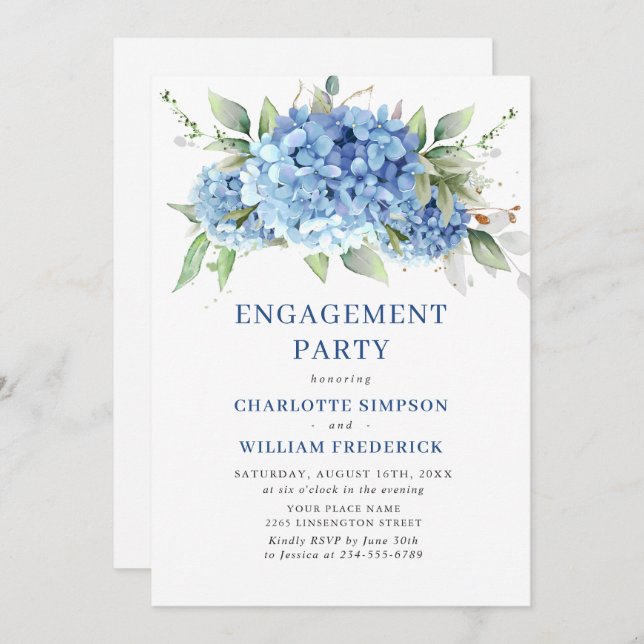 Elegant Watercolor Blue Hydrangea ENGAGEMENT PARTY Invitation (Front/Back)