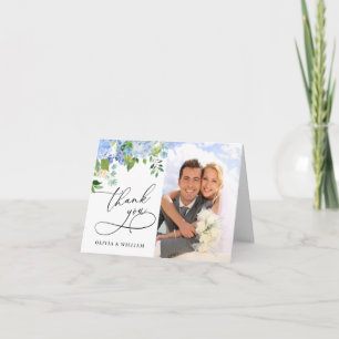 Elegant Watercolor Blue Hydrangea Floral Photo Thank You Card