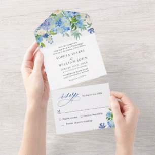 Elegant Watercolor Blue Hydrangea Floral Wedding All In One Invitation
