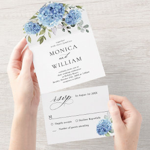 Elegant Watercolor Blue Hydrangea Floral Wedding All In One Invitation