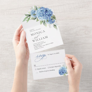 Elegant Watercolor Blue Hydrangea Floral Wedding All In One Invitation