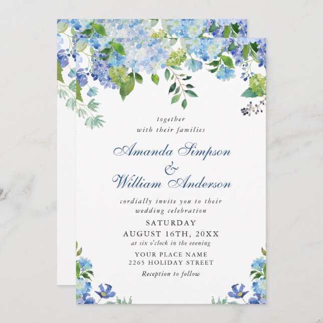 Elegant Watercolor Blue Hydrangea Floral Wedding Invitation (Front/Back)