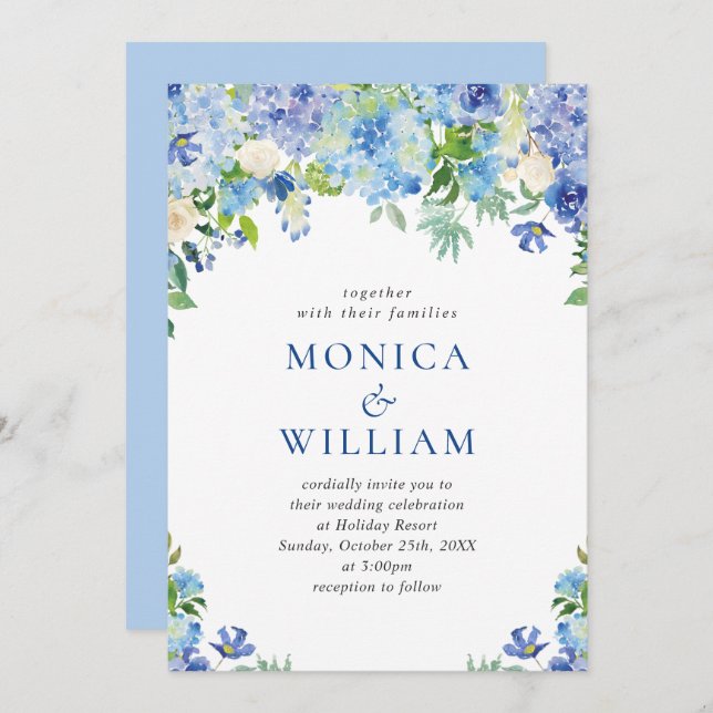 Elegant Watercolor Blue Hydrangea Floral Wedding Invitation (Front/Back)