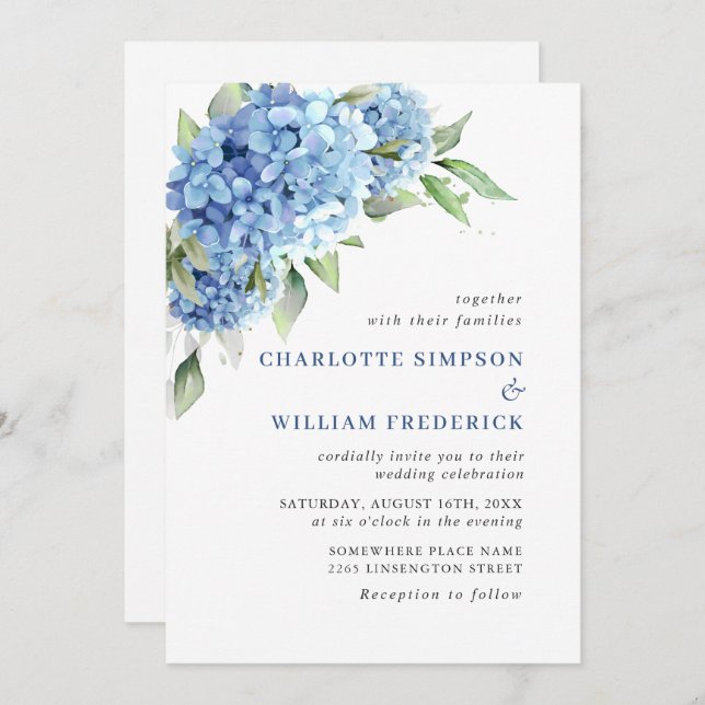 Elegant Watercolor Blue Hydrangea Floral Wedding Invitation (Front/Back)