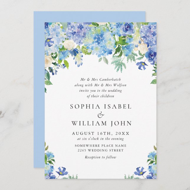 Elegant Watercolor Blue Hydrangea Floral Wedding Invitation (Front/Back)