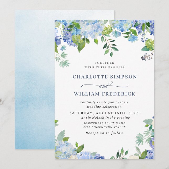 Elegant Watercolor Blue Hydrangea Floral Wedding Invitation (Front/Back)