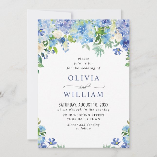 Elegant Watercolor Blue Hydrangea Floral Wedding Invitation (Front)