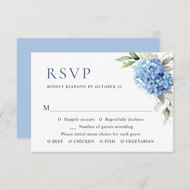 Elegant Watercolor Blue Hydrangea Floral Wedding RSVP Card (Front/Back)