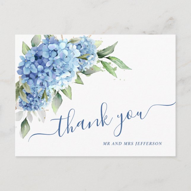 Elegant Watercolor Blue Hydrangea Flower Thank You Postcard (Front)