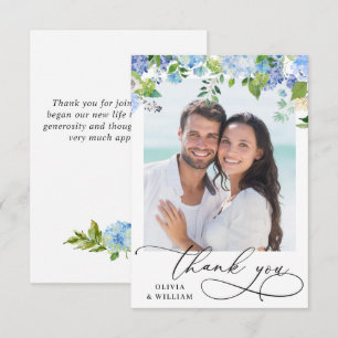 Elegant Watercolor Blue Hydrangea Photo Thank You Card