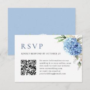 Elegant Watercolor Blue Hydrangea QR code Wedding RSVP Card