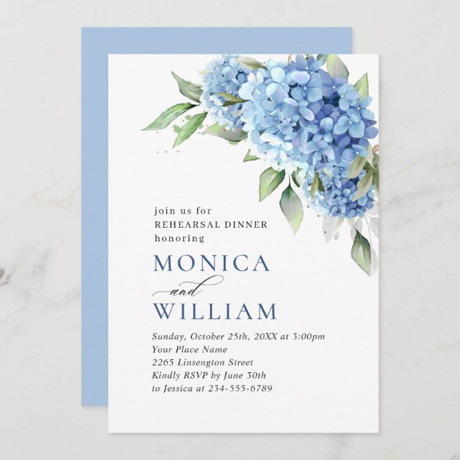 Elegant Watercolor Blue Hydrangea REHEARSAL DINNER Invitation (Front/Back)