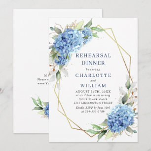 Elegant Watercolor Blue Hydrangea Rehearsal Dinner Invitation